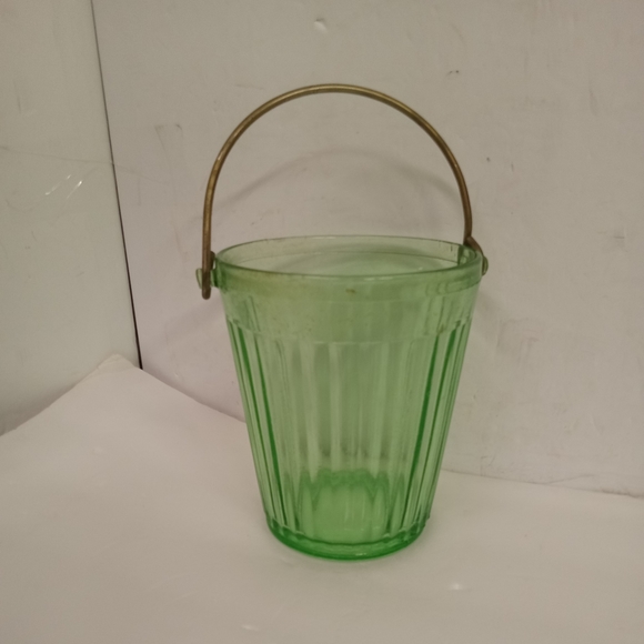 Vintage Green Uranium Depression Glass Ice Bucket  Metal Handle - Picture 3 of 5